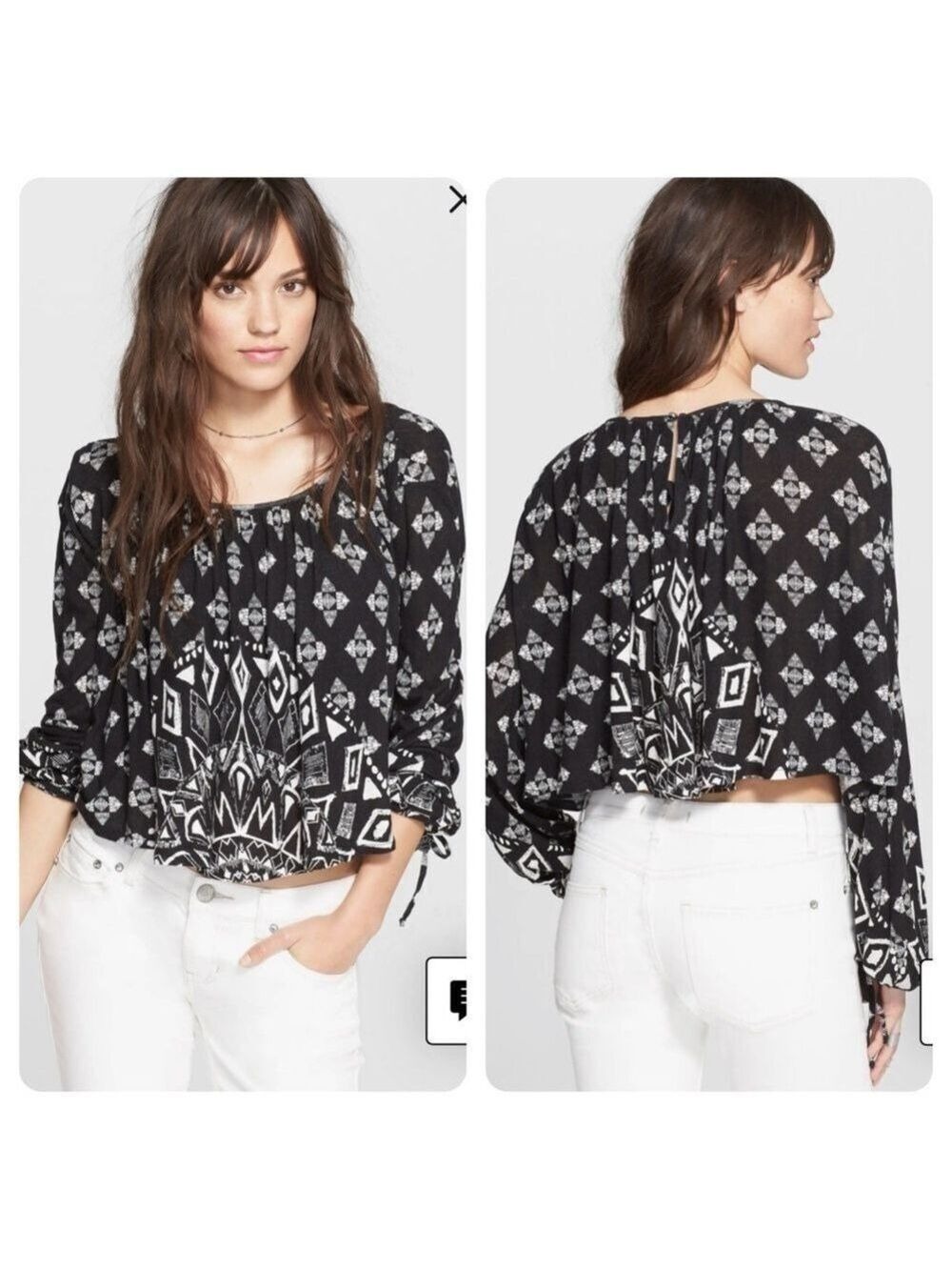Free People Boho Black White Dazed
Swing Long Sleeve Linen Blend Crop Top
Small